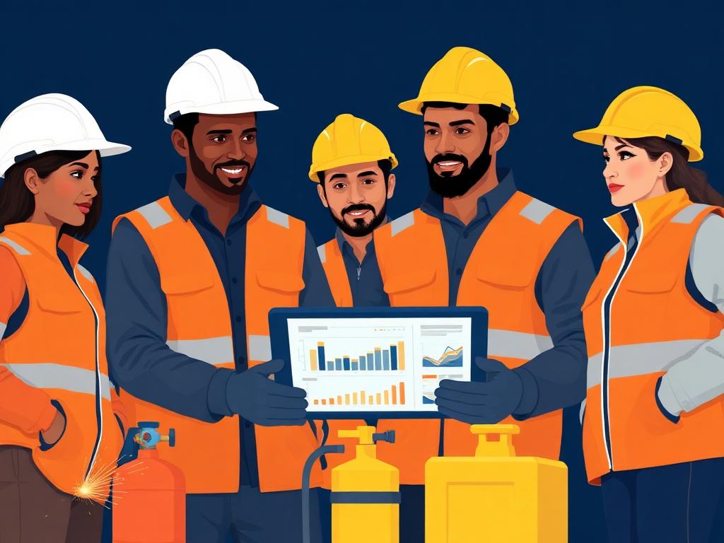 Industrial workers reviewing calibration data on a tablet